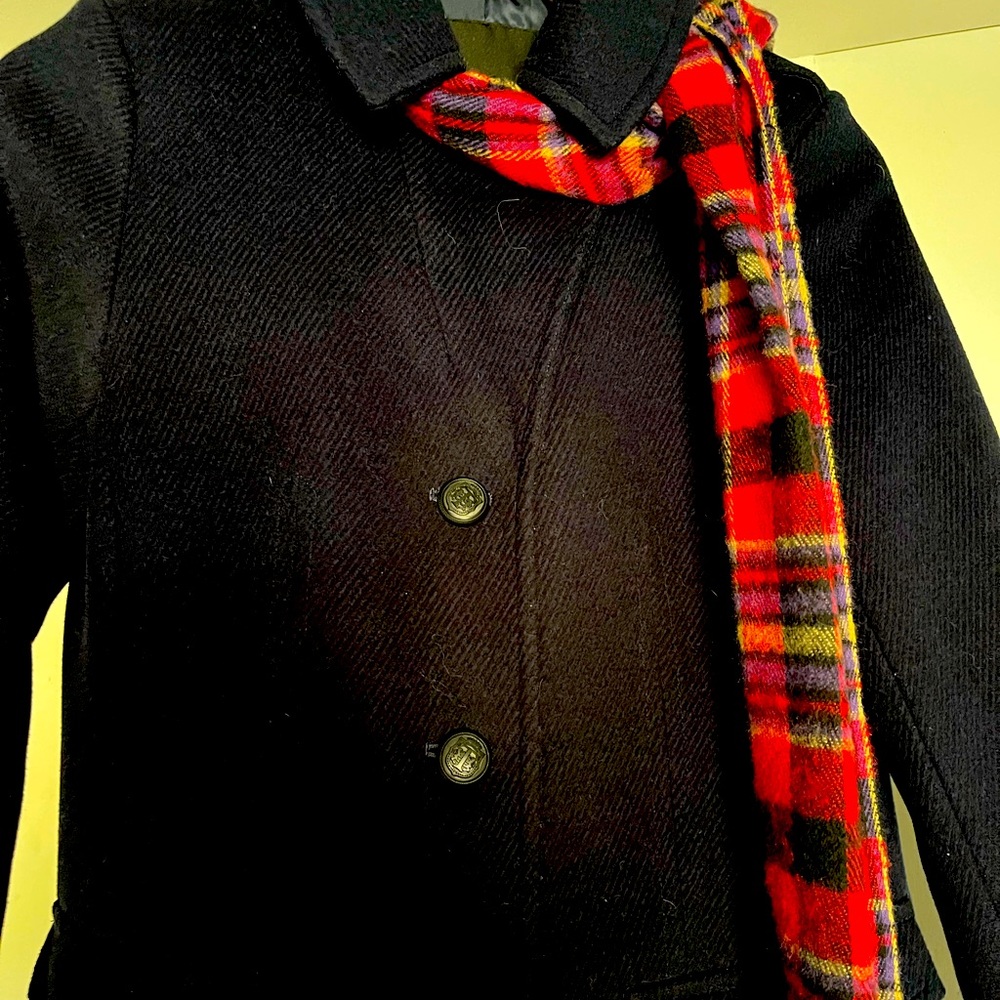 Dark navy blue wool coat with scarf